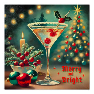 Retro 50s Merry Bright Christmas Cocktail Martini Poster