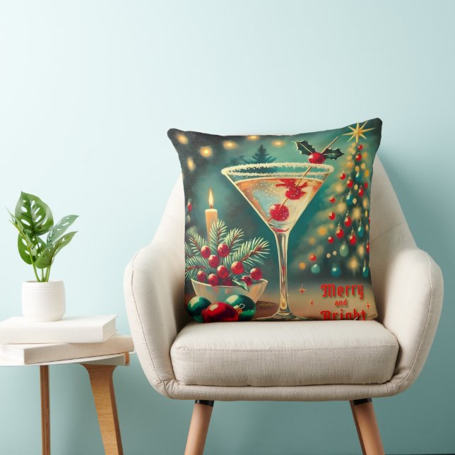 Retro 50s Merry Bright Christmas Cocktail Martini Throw Pillow (Chair)