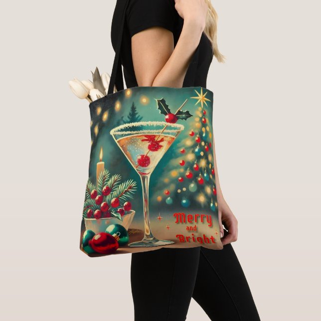Retro 50s Merry Bright Christmas Cocktail Martini Tote Bag (Close Up)
