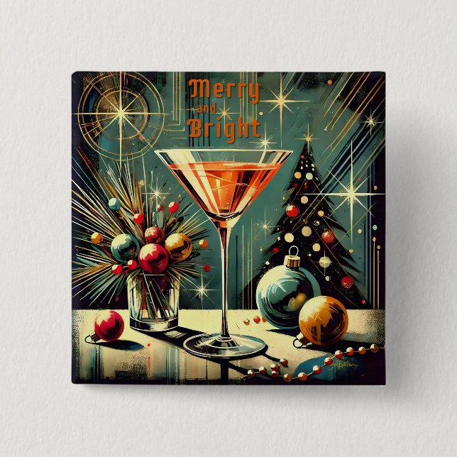 Retro 50s Merry & Bright Christmas Martini Button (Front)