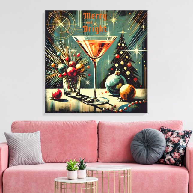 Retro 50s Merry & Bright Christmas Martini Canvas Print (Insitu(LivingRoom))