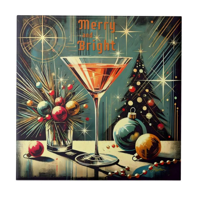Retro 50s Merry & Bright Christmas Martini Ceramic Tile (Front)