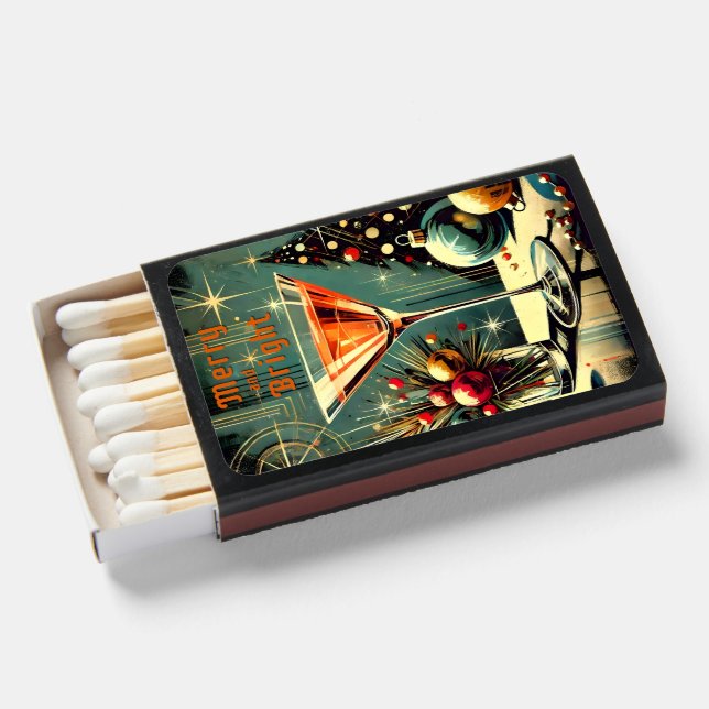 Retro 50s Merry & Bright Christmas Martini Matchboxes (Front Open)
