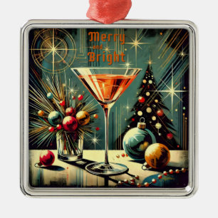 Retro 50s Merry & Bright Christmas Martini Metal Ornament
