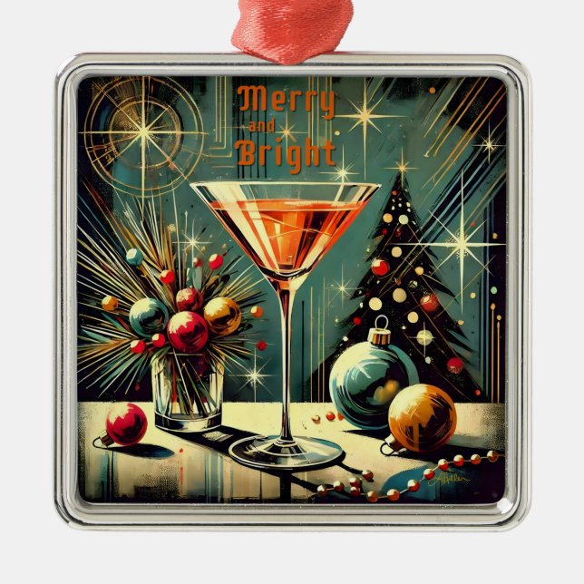 Retro 50s Merry & Bright Christmas Martini Metal Ornament (Front)