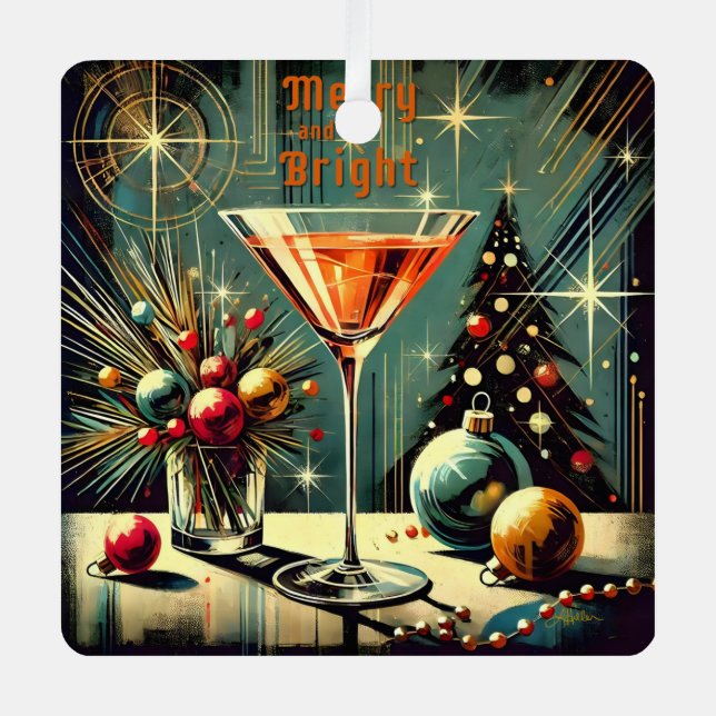 Retro 50s Merry & Bright Christmas Martini Metal Ornament (Front)