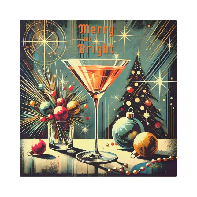 Retro 50s Merry & Bright Christmas Martini Metal Print (Front)