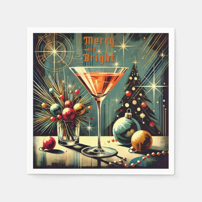 Retro 50s Merry & Bright Christmas Martini Napkins (Front)