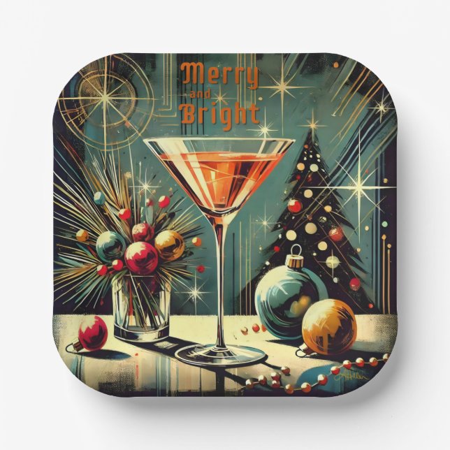 Retro 50s Merry & Bright Christmas Martini Paper Plates (Front)