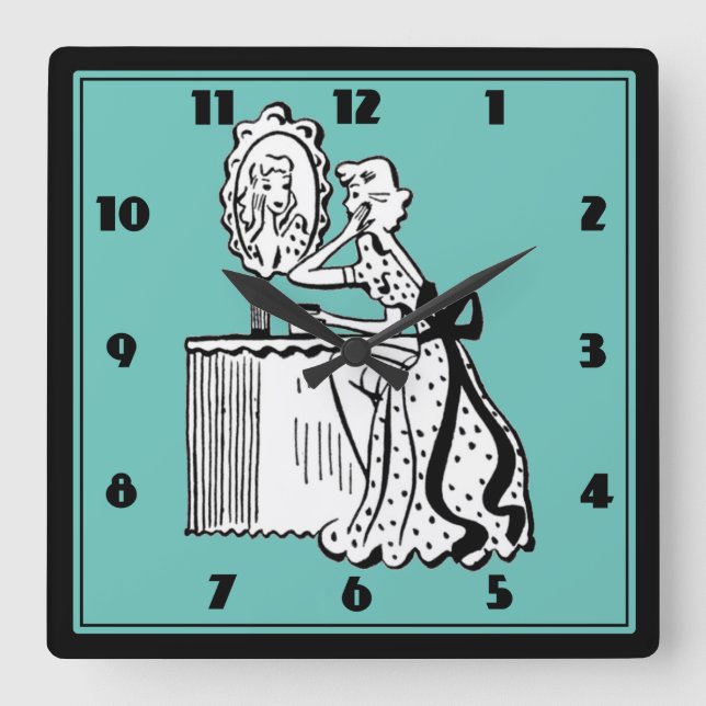 Retro 50s Mid-Century Modern Ladies Boudoir Square Wall Clock (Front)