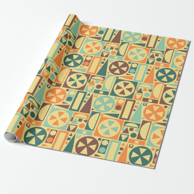 Retro 50s Mid-Century Modern Orange Geometric Wrapping Paper (Unrolled)