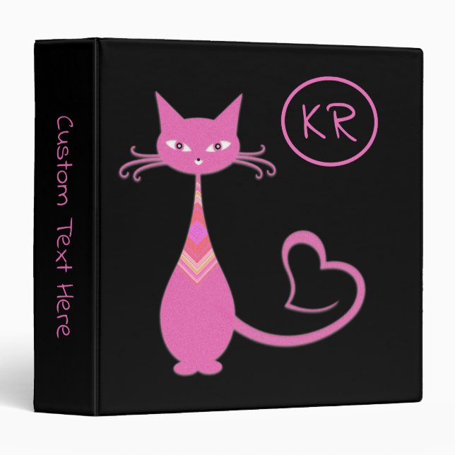Retro 50s Pink Kitty Cat Heart Tail Monogram 3 Ring Binder (Front/Spine)