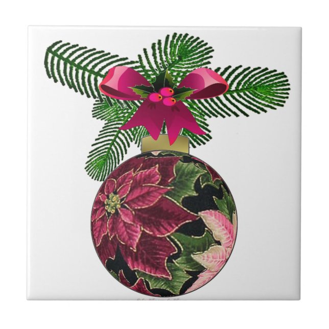 Retro 50s Poinsettia Burgundy Ornament Ceramic Tile (Front)