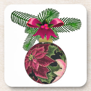 Retro 50s Poinsettia Burgundy Ornament Drink Coaster