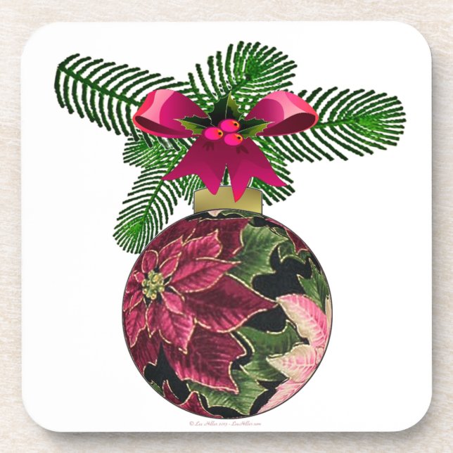 Retro 50s Poinsettia Burgundy Ornament Drink Coaster (Front)