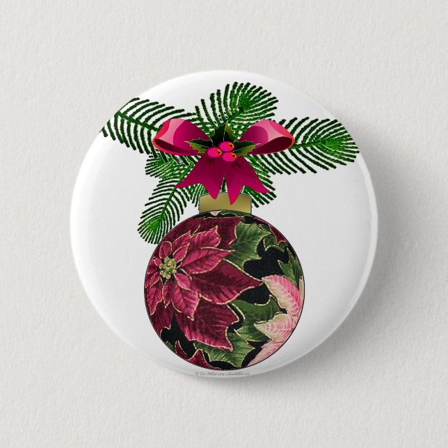Retro 50s Poinsettia Burgundy Ornament Pinback Button (Front)