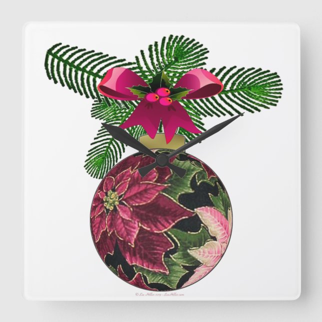 Retro 50s Poinsettia Burgundy Ornament Square Wall Clock (Front)