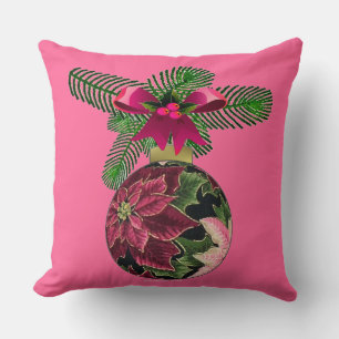 Retro 50s Poinsettia Burgundy Ornament Throw Pillow