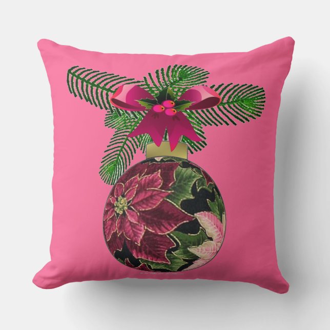 Retro 50s Poinsettia Burgundy Ornament Throw Pillow (Front)