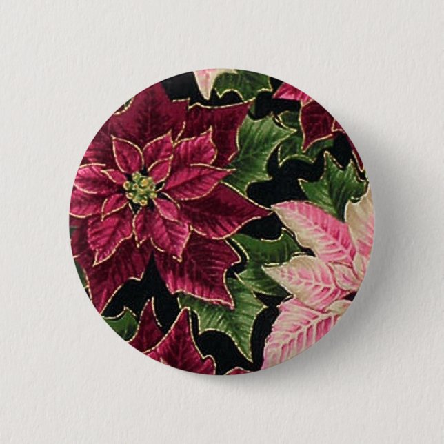 Retro 50s Poinsettia Burgundy Pink Button (Front)