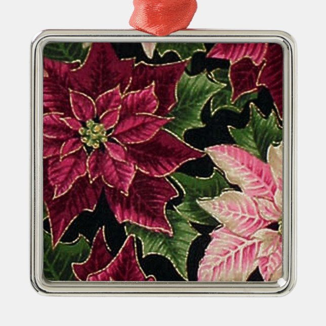 Retro 50s Poinsettia Burgundy Pink Metal Ornament (Front)