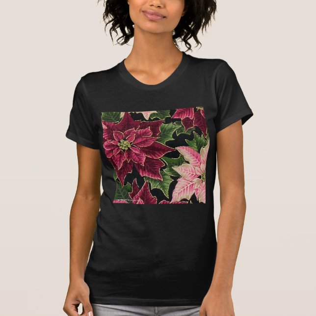 Retro 50s Poinsettia Burgundy Pink T-Shirt (Front)