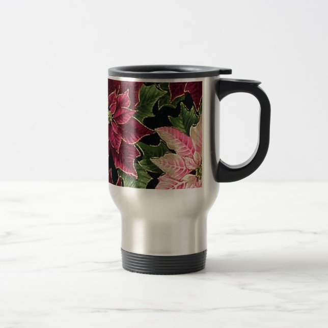 Retro 50s Poinsettia Burgundy Pink Travel Mug (Right)