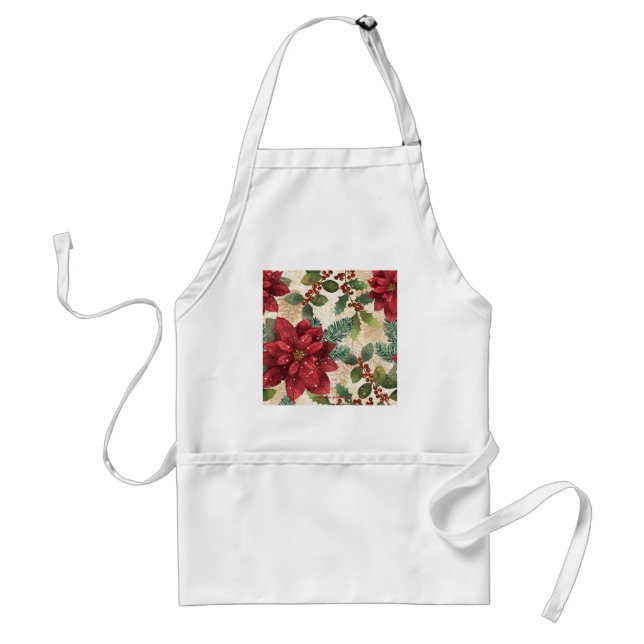 Retro 50s Poinsettia Red Green Cream Adult Apron (Front)