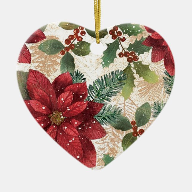 Retro 50s Poinsettia Red Green Cream Ceramic Ornament (Front)