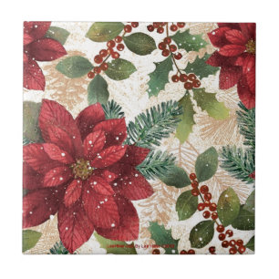 Retro 50s Poinsettia Red Green Cream Ceramic Tile