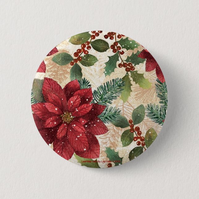 Retro 50s Poinsettia Red Green Cream Pinback Button (Front)