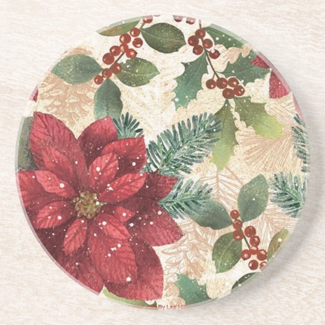Retro 50s Poinsettia Red Green Cream Sandstone Coaster (Front)
