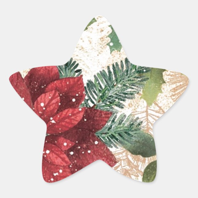 Retro 50s Poinsettia Red Green Cream Star Sticker (Front)