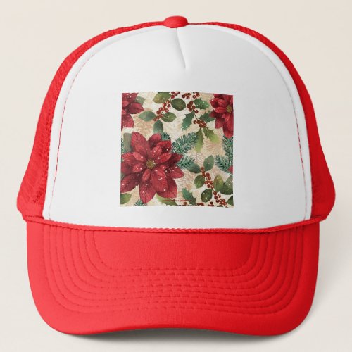 Retro 50s Poinsettia Red Green Cream Trucker Hat