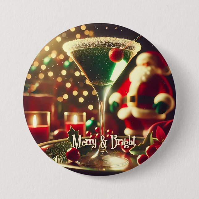 Retro 50s Santa Christmas Green Martini Button (Front)