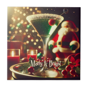 Retro 50s Santa Christmas Green Martini Ceramic Tile