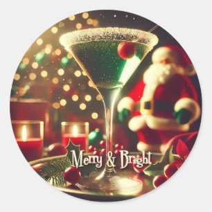 Retro 50s Santa Christmas Green Martini Classic Round Sticker