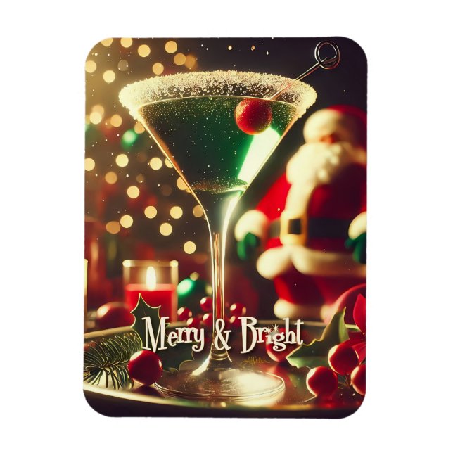 Retro 50s Santa Christmas Green Martini Magnet (Vertical)