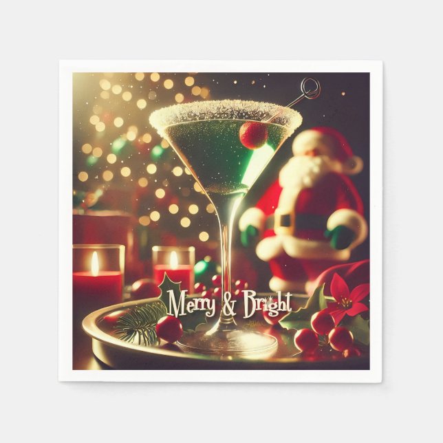 Retro 50s Santa Christmas Green Martini Napkins (Front)