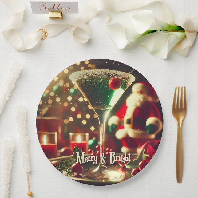 Retro 50s Santa Christmas Green Martini Paper Plates (Wedding)