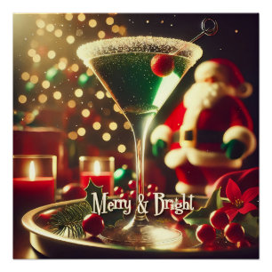 Retro 50s Santa Christmas Green Martini Poster