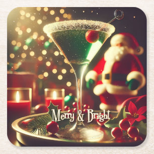 Retro 50s Santa Christmas Green Martini Square Paper Coaster