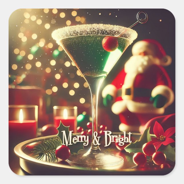 Retro 50s Santa Christmas Green Martini Square Sticker (Front)