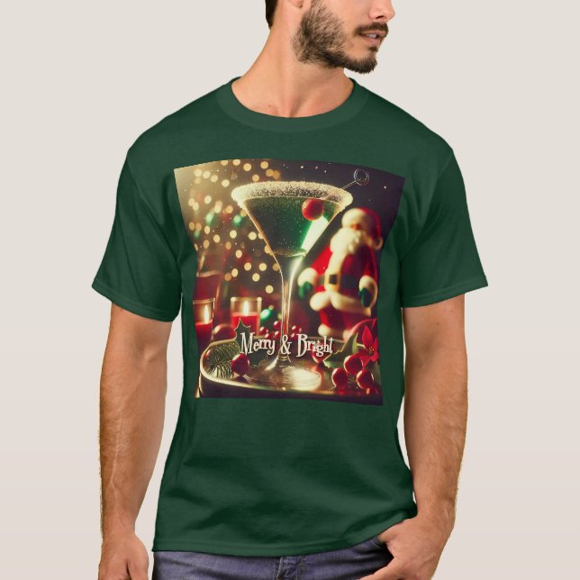 Retro 50s Santa Christmas Green Martini T-Shirt (Front)