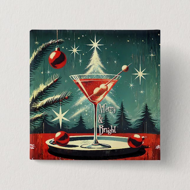 Retro 50s Snow Flurry Christmas Tree Martini Button (Front)