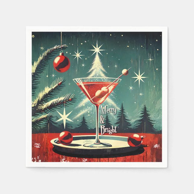 Retro 50s Snow Flurry Christmas Tree Martini Napkins (Front)