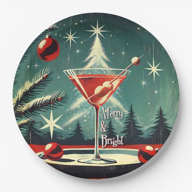 Retro 50s Snow Flurry Christmas Tree Martini Paper Plates (Front)