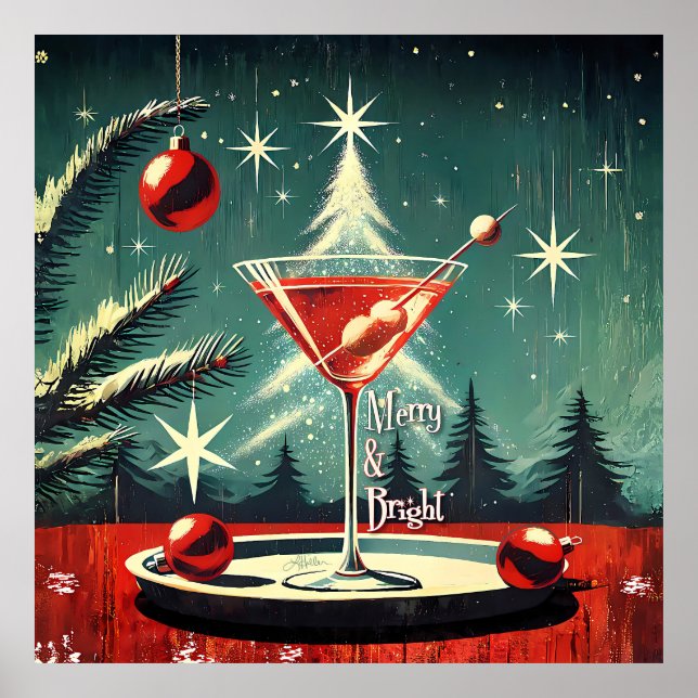 Retro 50s Snow Flurry Christmas Tree Martini Poster (Front)