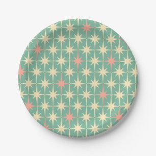 Retro 50s Star Pattern Teal Mint Pink Cream Paper Plates