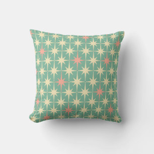 Retro 50s Star Pattern Teal Mint Pink Cream Throw Pillow